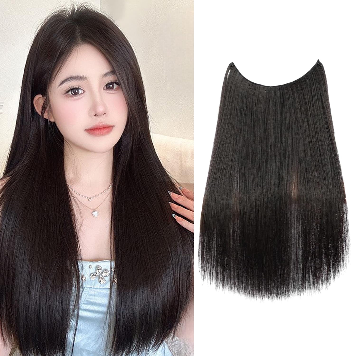 S.A.V.I Natural Black Clip-In Hair Extension 60 cm Straight Long Hair Patch for Women | One Piece 4 Clip Volumizer | Soft Synthetic Fiber | Seamless Thick Natural Look | 27 cm Wide-image-24