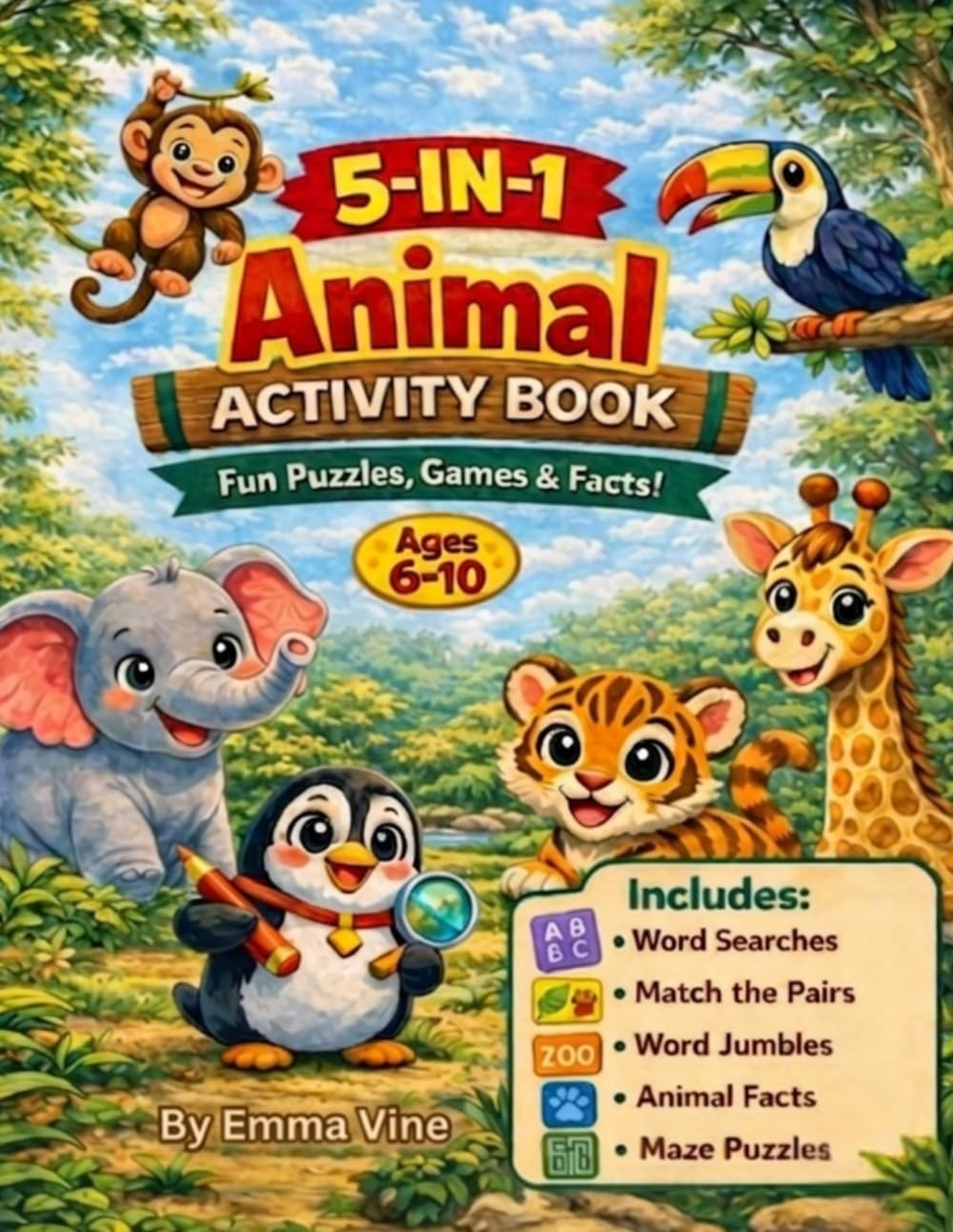 5-in-1 ANIMAL Activity Book for Kids (Ages 6-10)