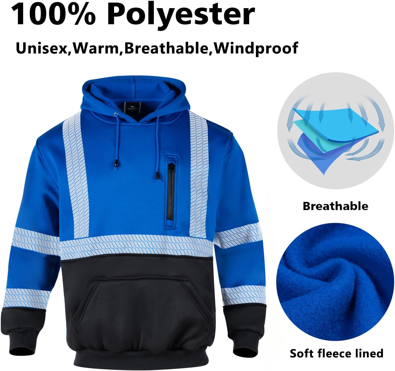 VENDACE High Visibility Reflective Safety Fleece Sweatshirt Hoodies for Men ANSI Class 3 Hi Vis Pullover Hoodie Jacket(Royal blue,XL) - Image 5