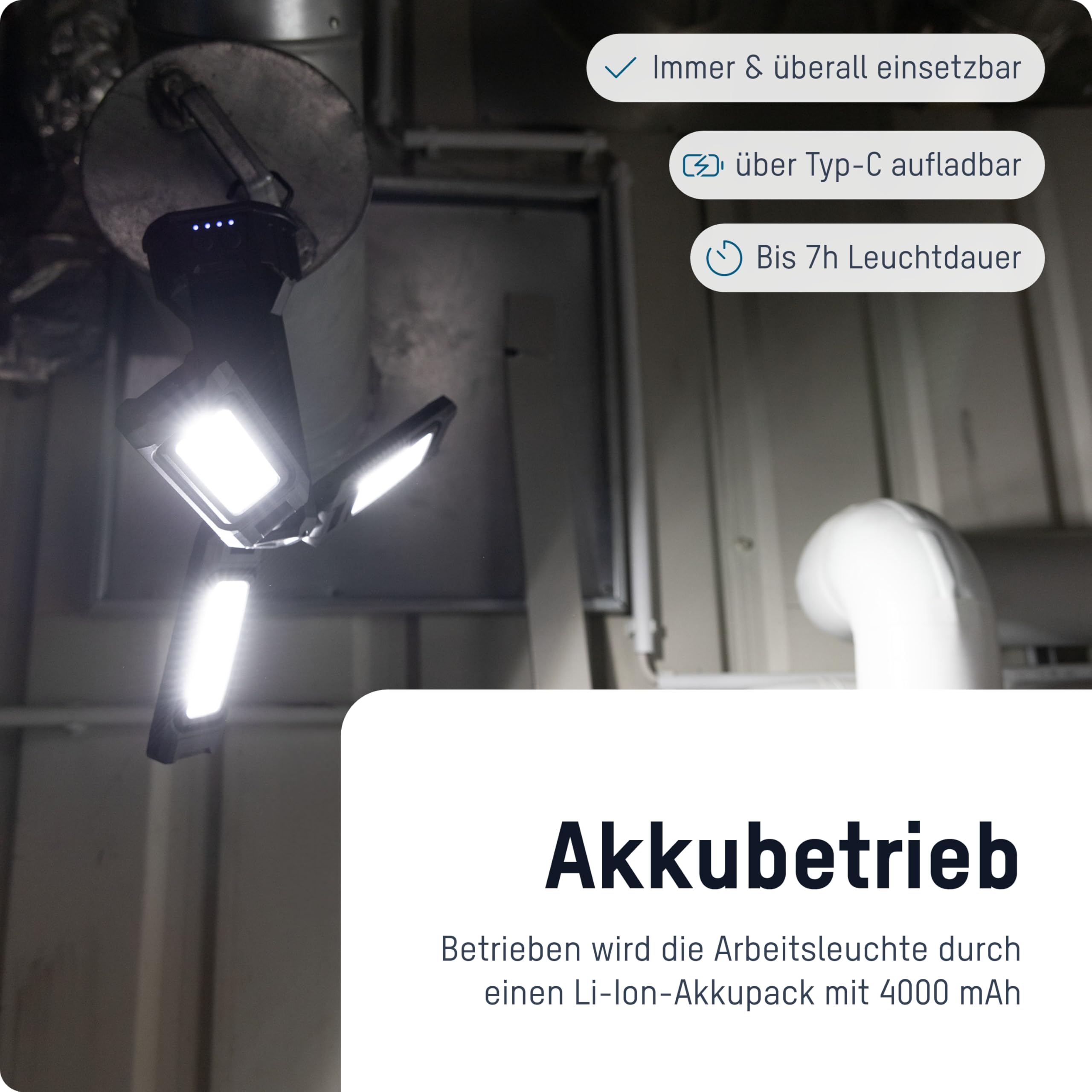 ANSMANN LED Arbeitsleuchte mit Stativ 2m, robust & sehr hell bis zu 7000 Lumen, 3x 22 Watt Strahler, Akkubetrieben, Höhenverstellbar, mit Haken & Magnete