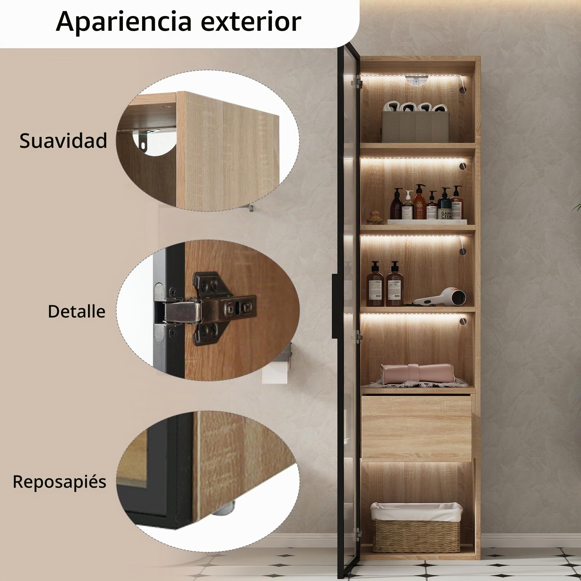 Mueble de baño mediano con barra de luz, 40 cm de ancho, con 1 cajón grande y 1 puerta de cristal