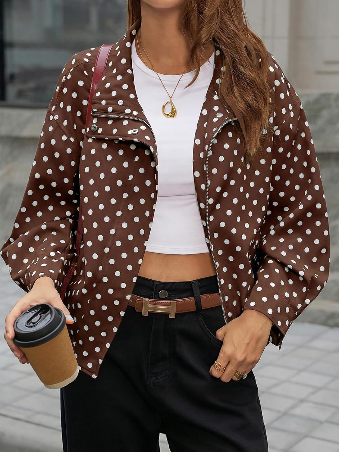 Tankaneo Womens Zip Up Cropped Jackets Polka Dot Oversized Jackets Spring Lightweight Trendy Casual Coats