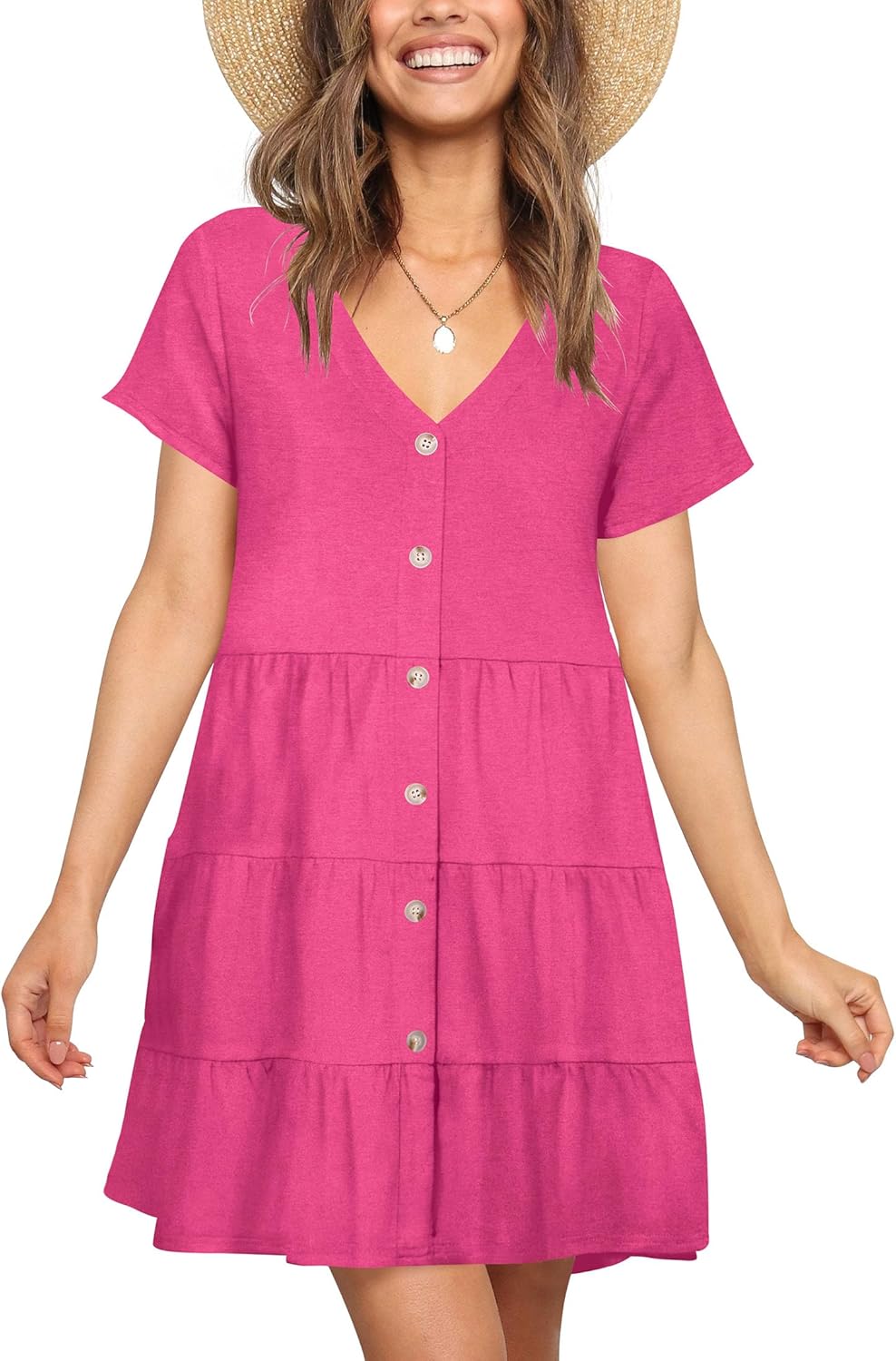 Nova In Sky Women's Summer Dresses 2026 Short Sleeve V-Neck Casual Loose Swing Button Down Casual T Shirt Dresses