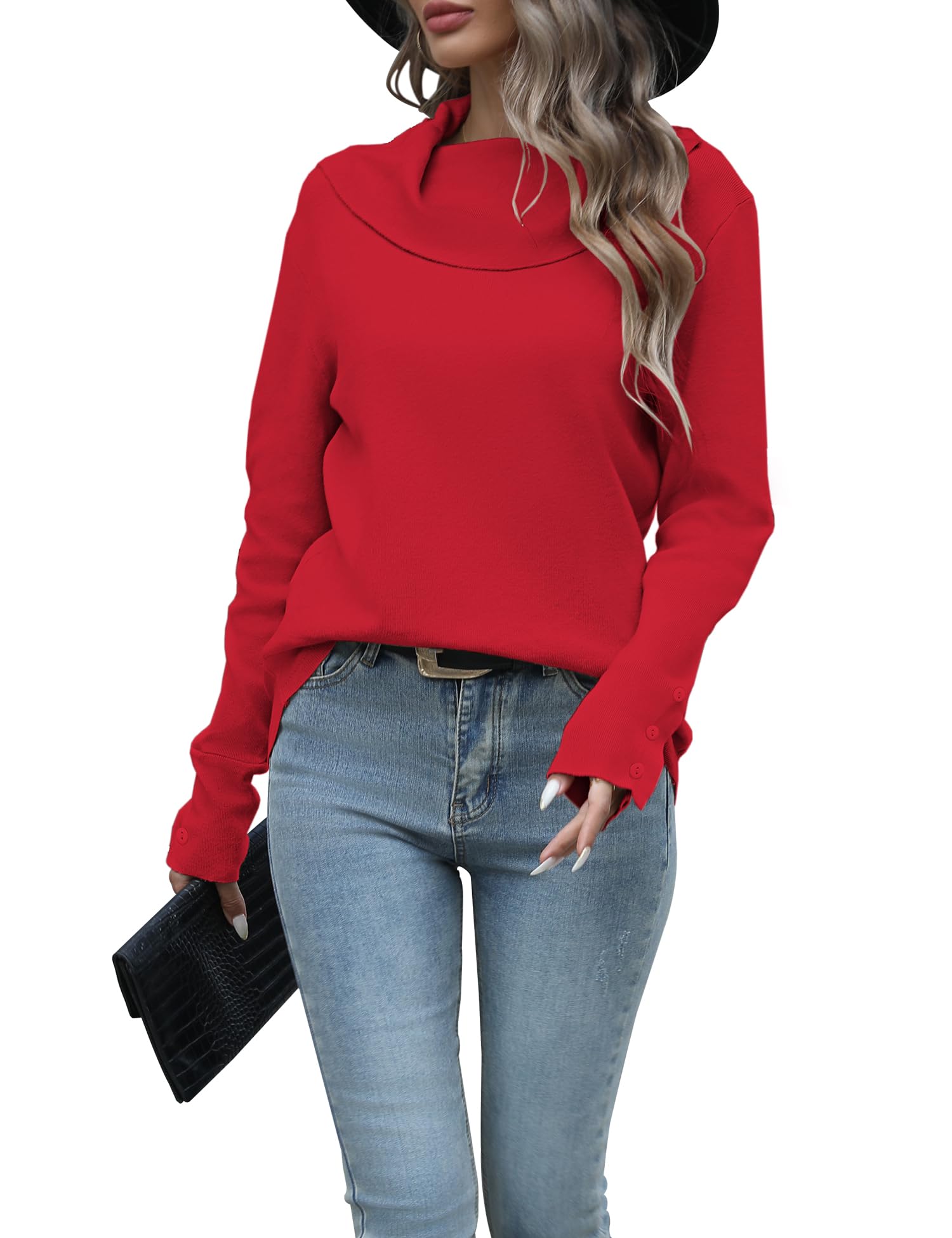 LYHNMW Women Cowl Neck Sweaters Turtleneck Long Sleeve Lightweight Knit Stretchable Loose Fit Sweater Pullover Warm Tops