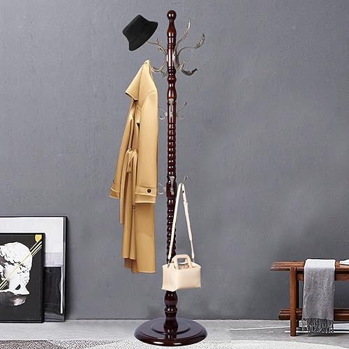 Miniatura 9 de Percheros de pie con 14 ganchos, perchero de madera natural con base redonda sólida, percheros de altura ajustable, fácil montaje para pasillo,
