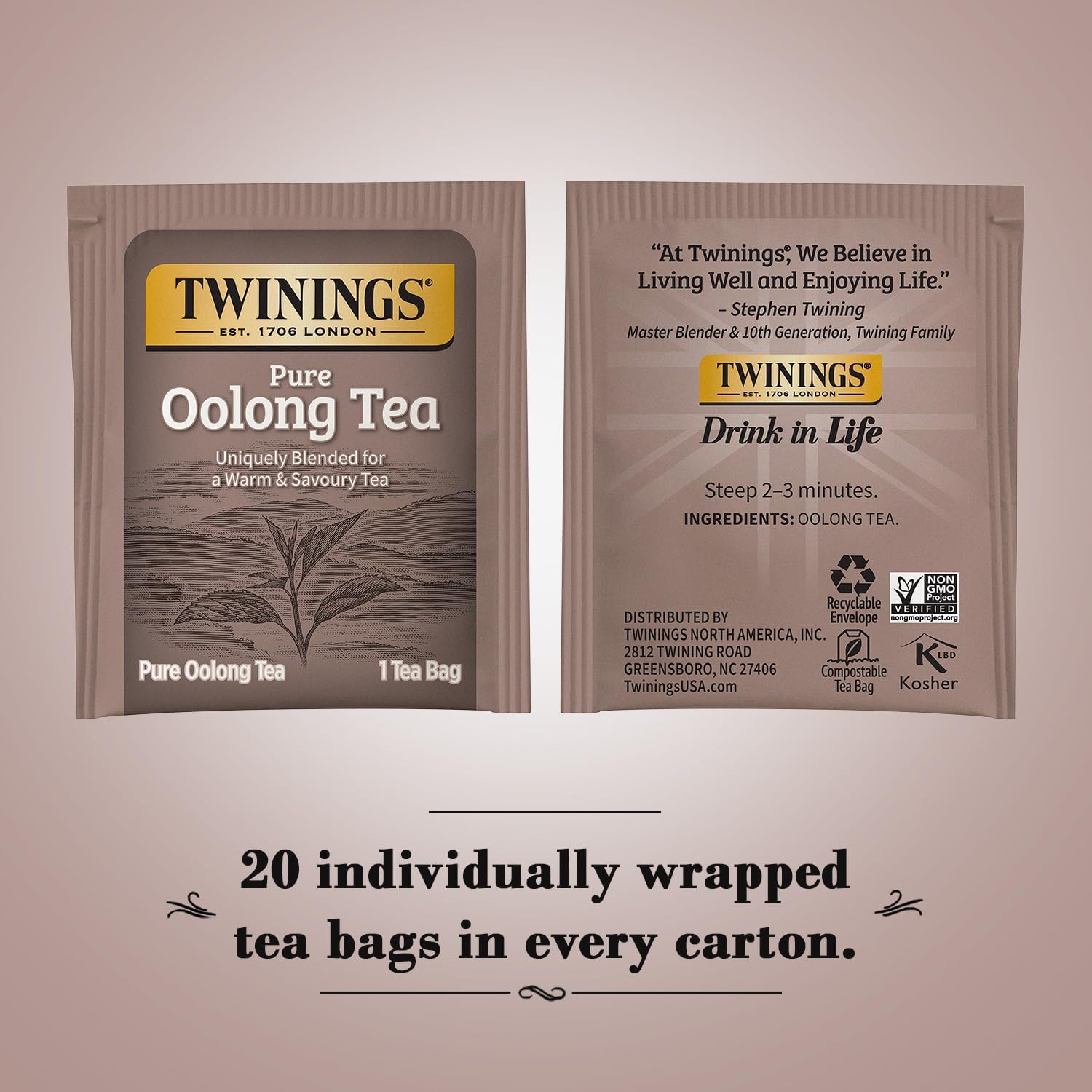 Twinings Pure Oolong Tea 2-Pack – Golden Caffeinated Tea, Individually Wrapped Tea Bags, 20 Count Each - Image 2