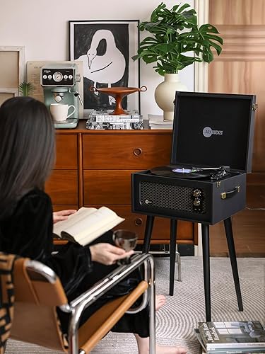 Miniatura 7 de Arkrocket Discovery II tocadiscos Bluetooth de 3 velocidades con consola retro con altavoces integrados y patas extraíbles (negro)