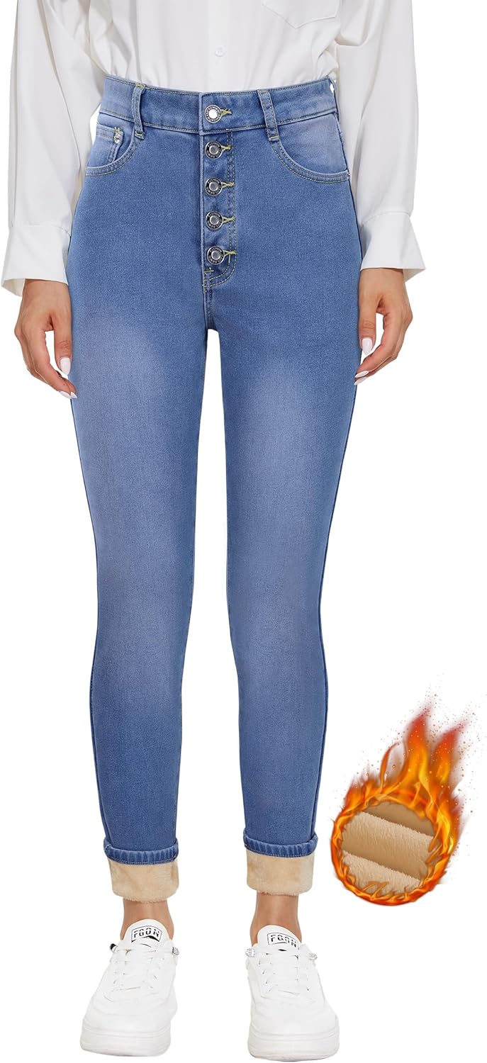 Women's Fleece Lined Jeans Thicken High Waisted Skinny Stretch Jeans for Women Winter Warm Flannel Lined Butt Lift Jeans - Image 2