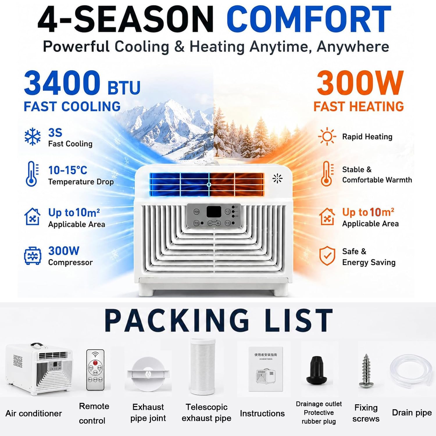 Qiang Aire Acondicionado Portátil 3400 BTU 300W Coolingonly | 4 Modos Refrigeración Rápida Deshumidificador Integrado Temporizador termostato 16-32 °C para Caravana Van Espacio Reducido