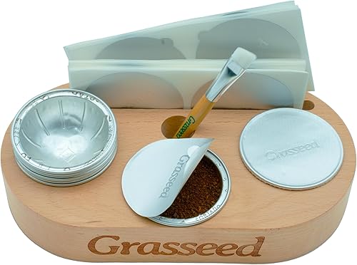 Grasseed Kit de cápsulas Vertuo reutilizables para cápsulas VertuoLine con estación de sellado de vainas, cepillo y 50 tapas de sellos de papel de