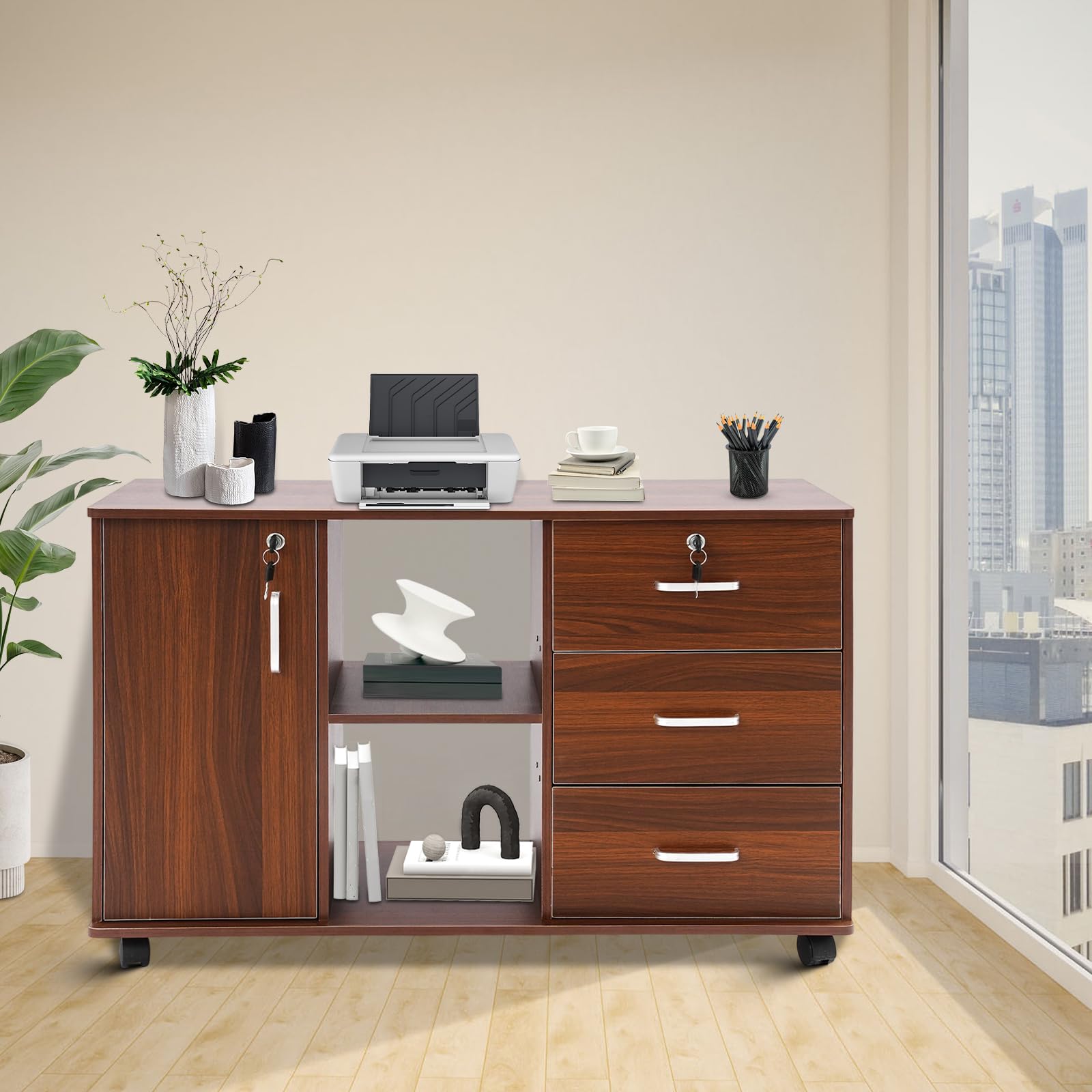 Armadietto mobile con chiusura a chiave, 90 x 34 x 59 cm, ampio spazio per ufficio, con 3 cassetti e 5 ruote, mobile per ufficio, studio, scuola (rovere nero)
