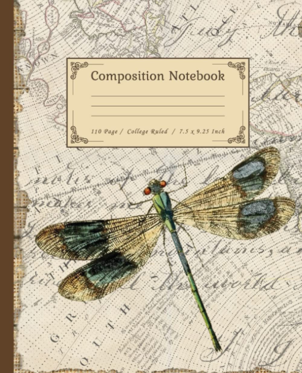 Composition Notebook College Ruled: Vintage Dragonfly and Botanical Illustration, 110 Pages, Large Size 7.5 x 9.25, Cute Aesthetic Journal for Nature
