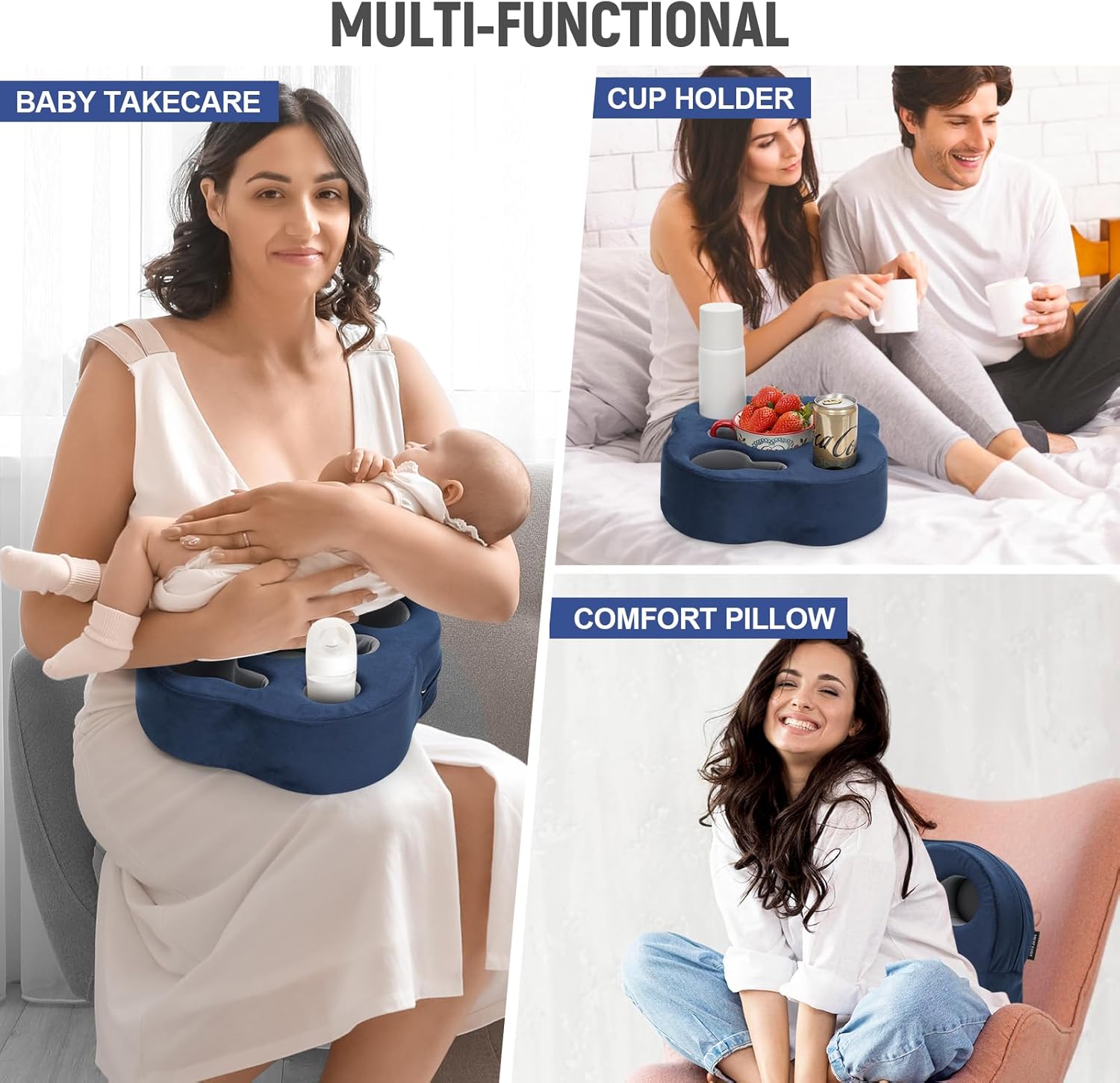 Couch Cup Holder Pillow, Sofa Organizer Caddy Bed Refreshment Tray for Drinks, Remotes, Phones, Snacks (Navy)