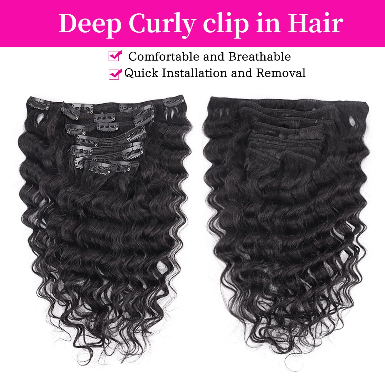 Wepwcod Deep Curly Hair Extensions Clip in Hair Extensions Real Human Hair 8Pcs With 18 Clips Clip in Hair Extensions for Women Deep Curly Clip ins Soft & Natural 120g (Natural Black-Deep - Image 2