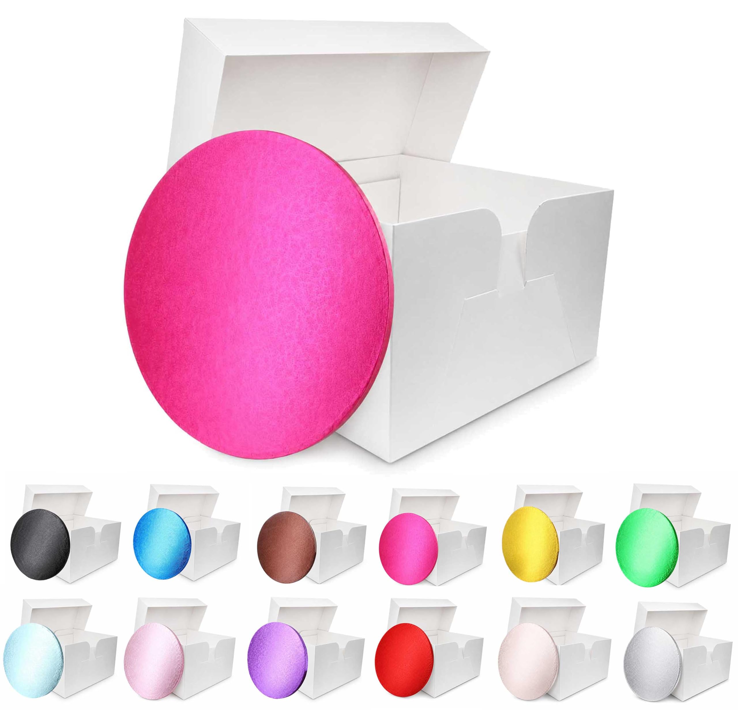Larryroo Cerise (Hot Pink) Colour Cake Drum Board & White Box + Lid Combo Pack For Wedding, Birthday Cakes (, 10 Inches)