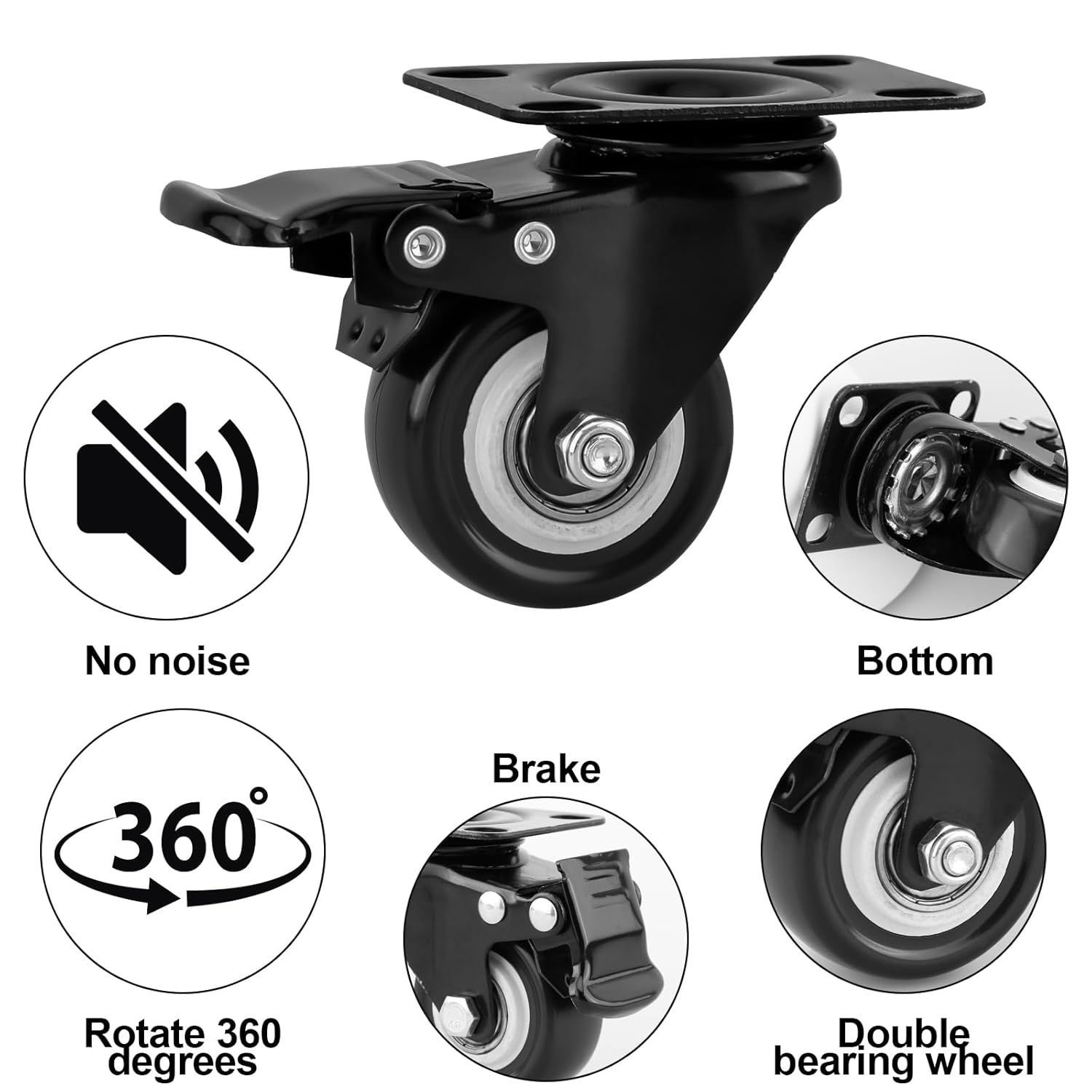 Caster Wheels, Heavy Duty Casters Set of 4 with Brake, No Noise Polyurethane (PU) Wheels and Safety Dual Locking casters, Swivel Plate Castors (2inch, 8)