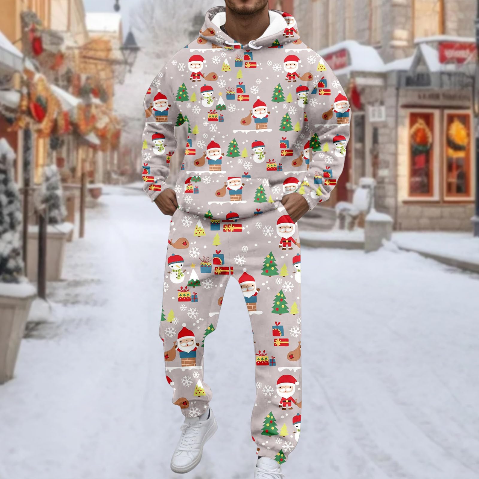 Conjunto de sudadera con capucha y pantalones para hombre, estilo casual, estampado de Navidad, 2026
