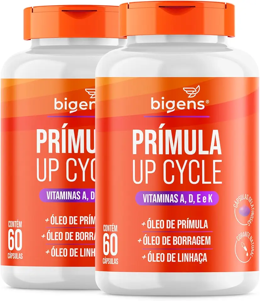 Prímula Up Cycle, Óleo de Prímula, Óleo de Linhaça, Vitamina A, D, E e K, 60 cápsulas, Bigens (Kit 2)