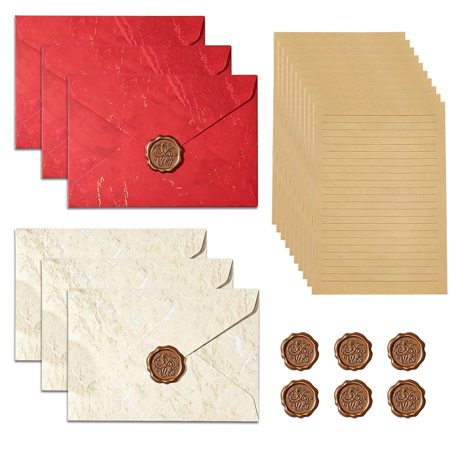 22 PCS Vintage Writing Paper and Envelopes Set, Letter Paper Sets with 6 Vintage Envelopes, 10 Letters Paper, 6 Wax Seal Stickers, Letter Paper for Weddings Invitation, Birthdays, Christmas
