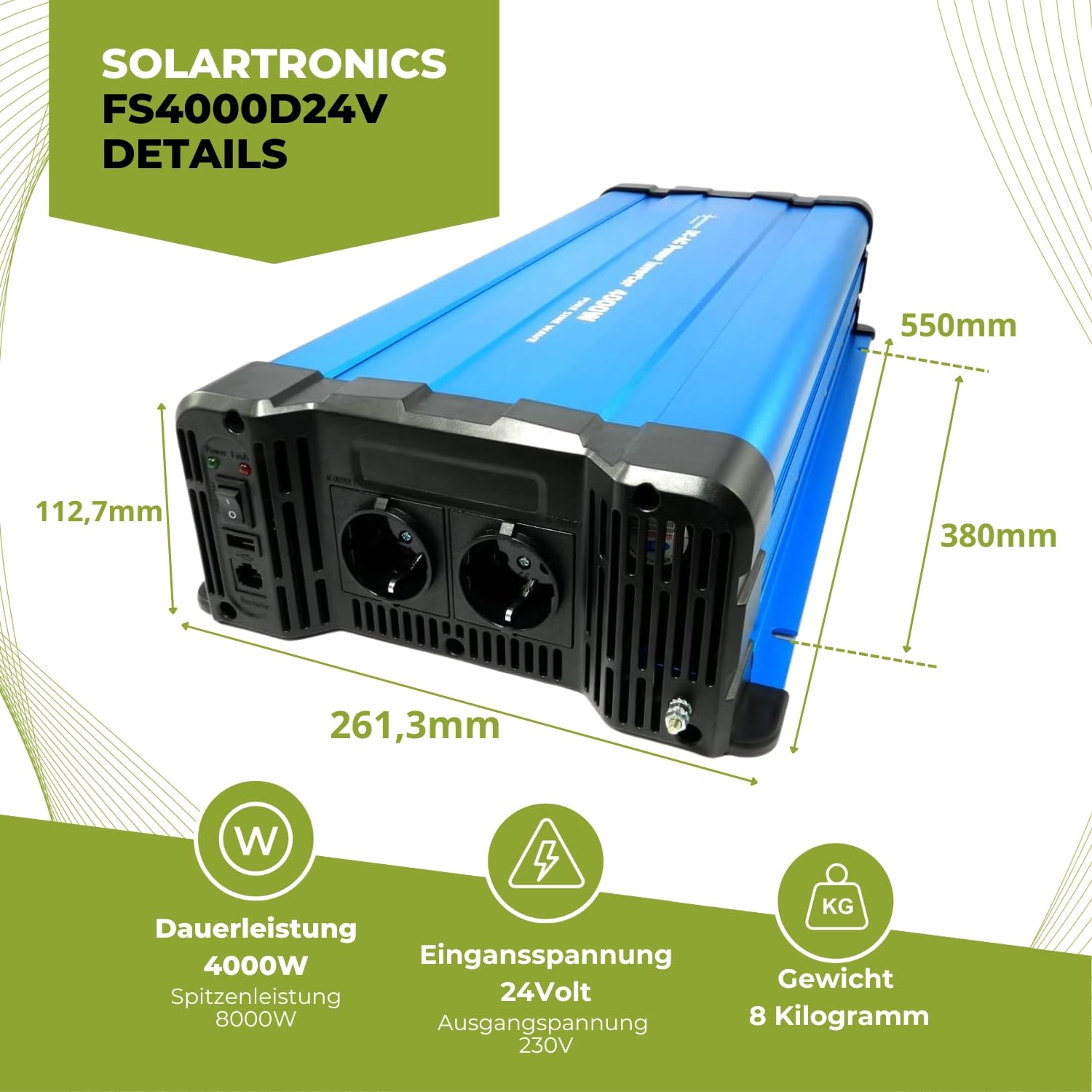 solartronics FS4000DR przetwornica napięcia 24 V na 230 V 4000 W, czysta sinusoida, niebieski falownik solarny bez pilota zdalnego sterowania