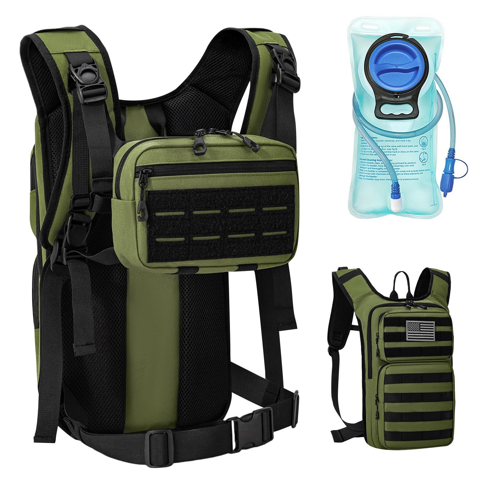 Koculemi Tactical Hydration Backpack with 2L Water Bladder and Front Small Tactical Pouch, Outdoor Water Backpack for Men Women, Sports Hydration Pack for Hiking, Cycling,Climbing