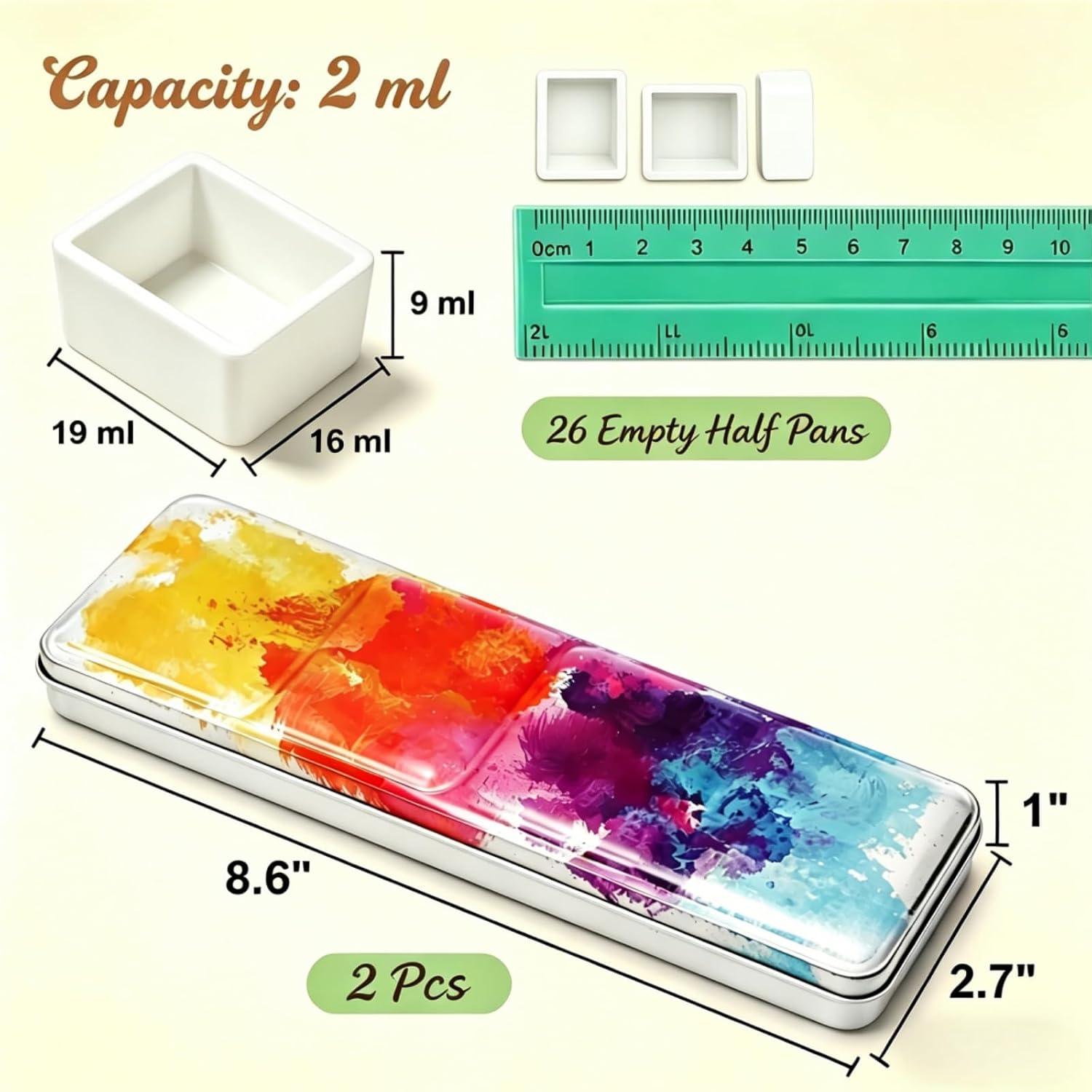 2 Pcs Empty Watercolor Palette, Metal Watercolor Palettes Tin Box with 26 Empty Half Pans, Portable Travel Paint Palette Case, Fold-Out Colorful Art Paint Mixing Tray for Artists Acrylics