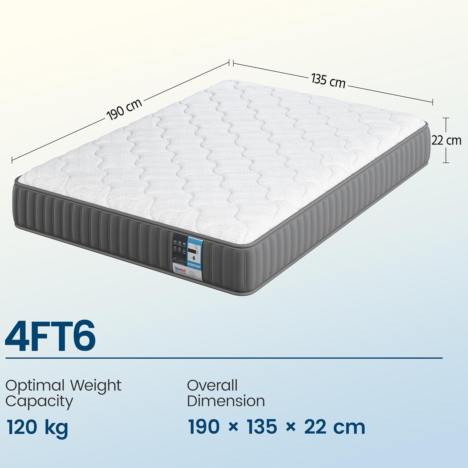 Yaheetech Double Mattress 4FT6 Memory Foam & Spring, Breathable Medium Firm with Soft Fabric Fire Resistant Barrier Skin-friendly Durable for Double Bed 135x190x22cm,Gray image 3