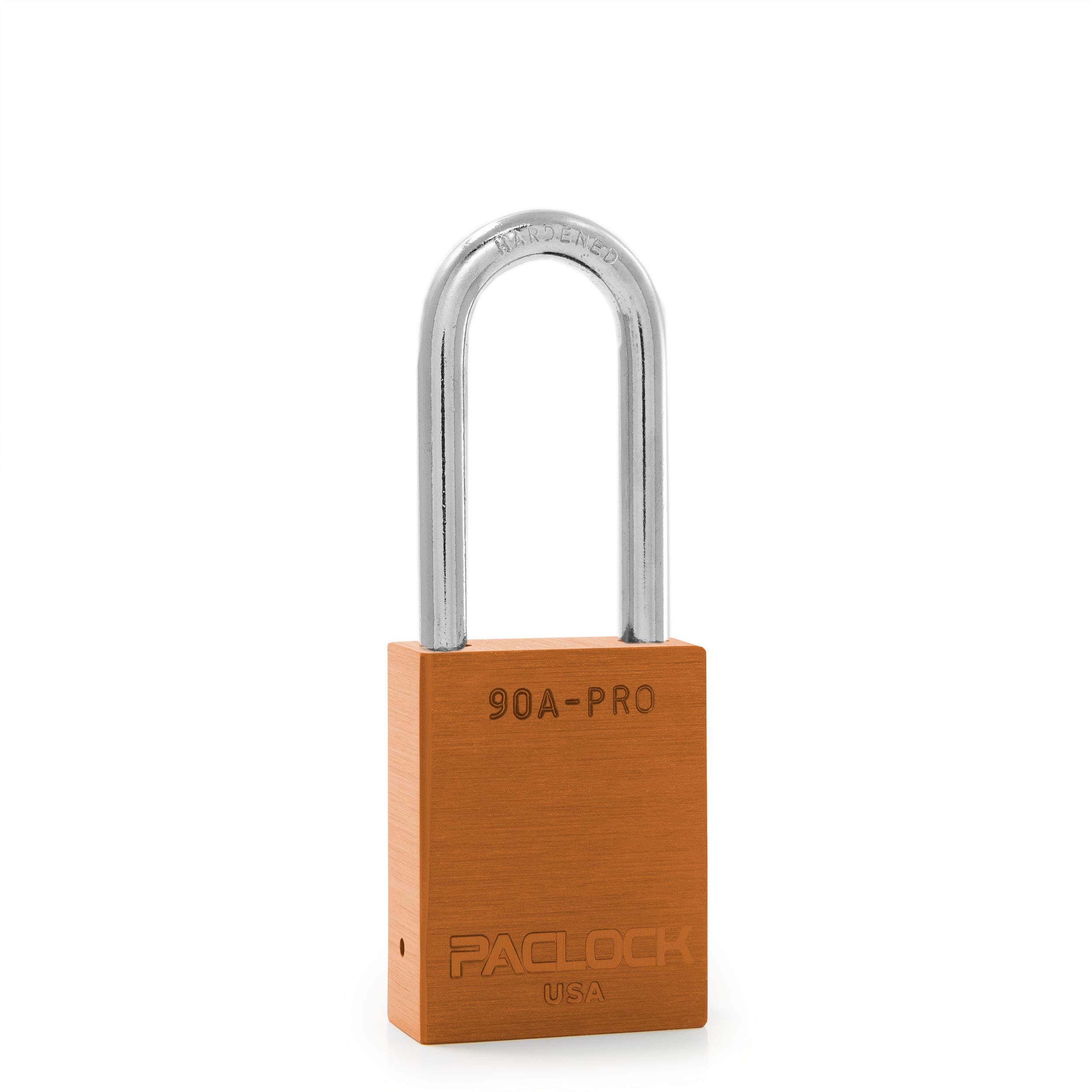 PACLOCK's 90A-PRO Padlock, 1/4" Diameter Hard. Steel Shackle, 2" Tall, High Performance 7-Pin Cylinder w/ 1 Key, Keyed Differently, Orange