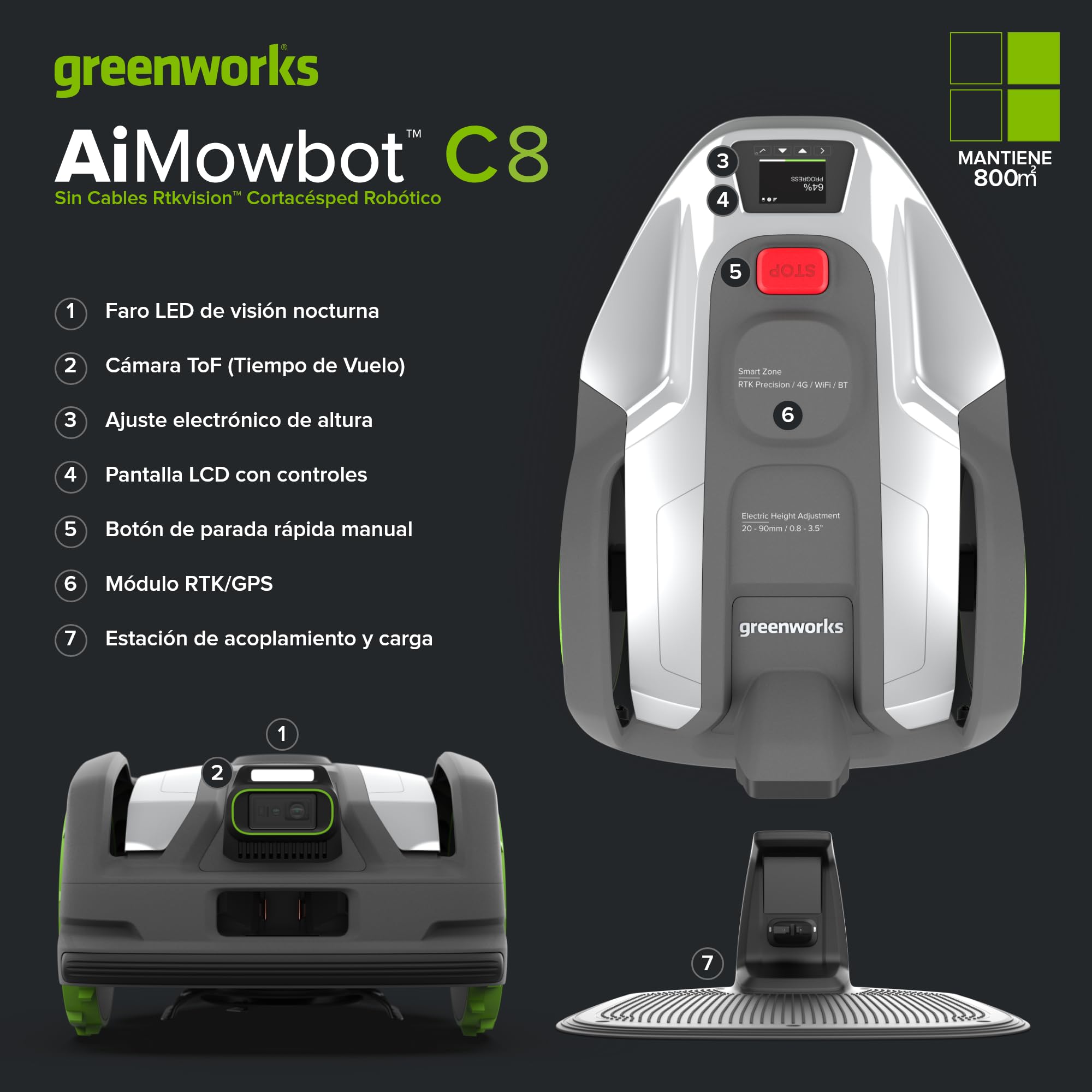 Greenworks C8 Vision+RTK – Cortacésped Robot sin Cable hasta 800 m², Mapeo Automático, Detección de Obstáculos 3D-ToF (Día y Noche), Gestión Multi-Zona Vía App, Garantía del Fabricante 3 Años
