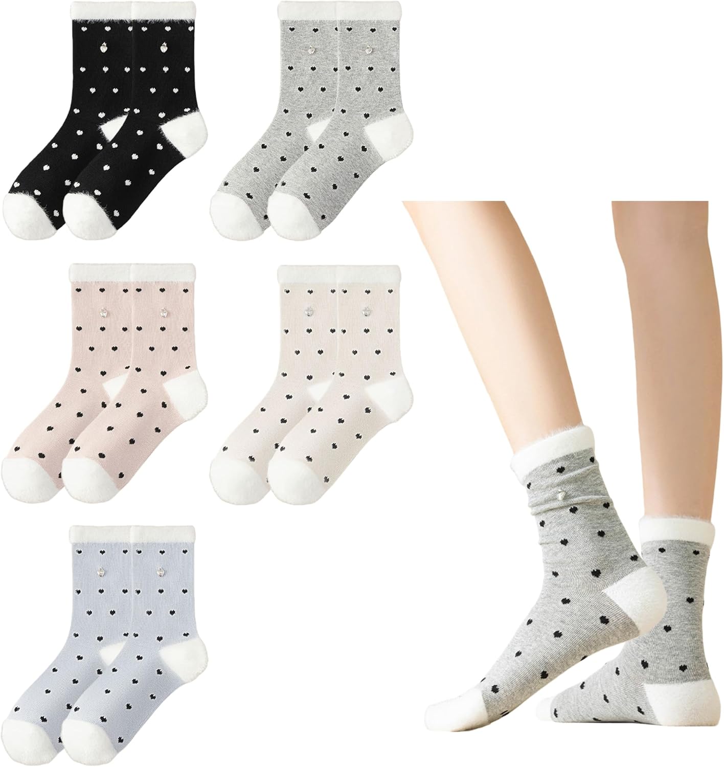 5 Pairs Women's Cute Cozy Stylish Polka Dot Fuzzy Socks with Heart Accent - Image 1 of 7