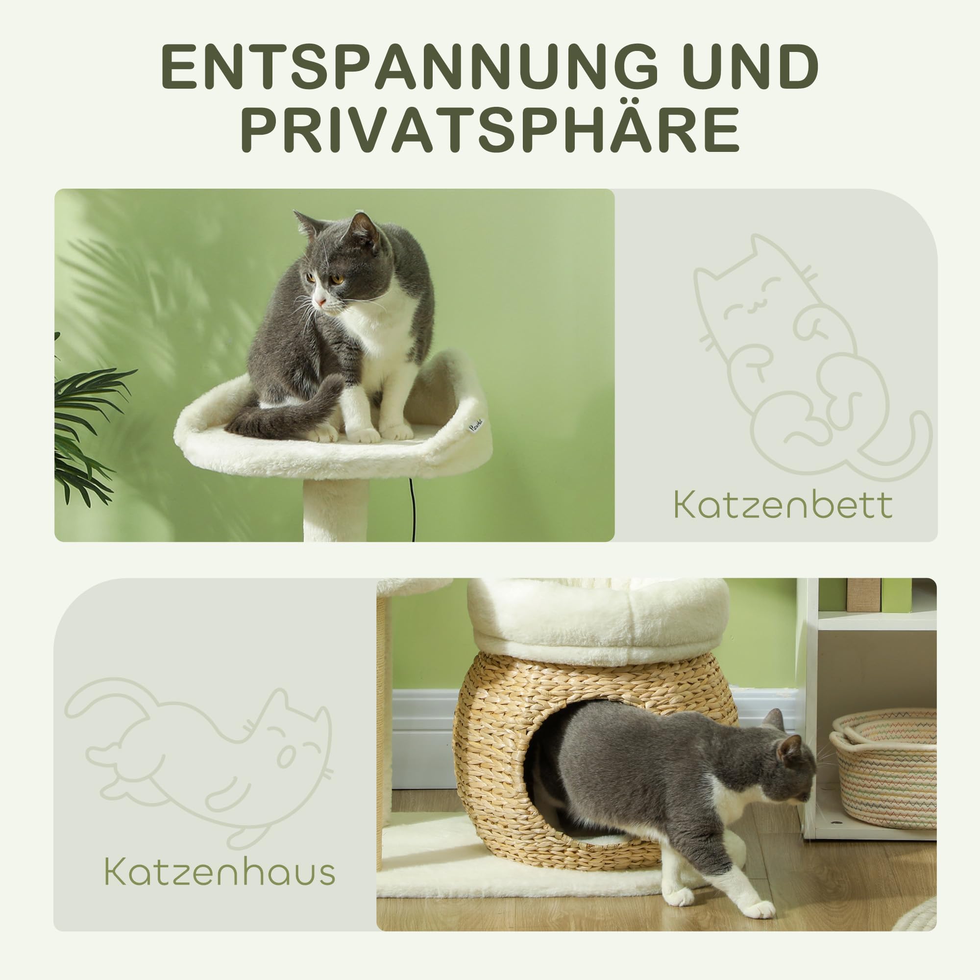 PawHut Drapak dla kota 79 cm z legowiskiem dla kota, łóżkiem, piłkami do zabawy, drapak dla kota z sizalowymi kolumnami, dla kotów o wadze do 5 kg, kremowo-biały