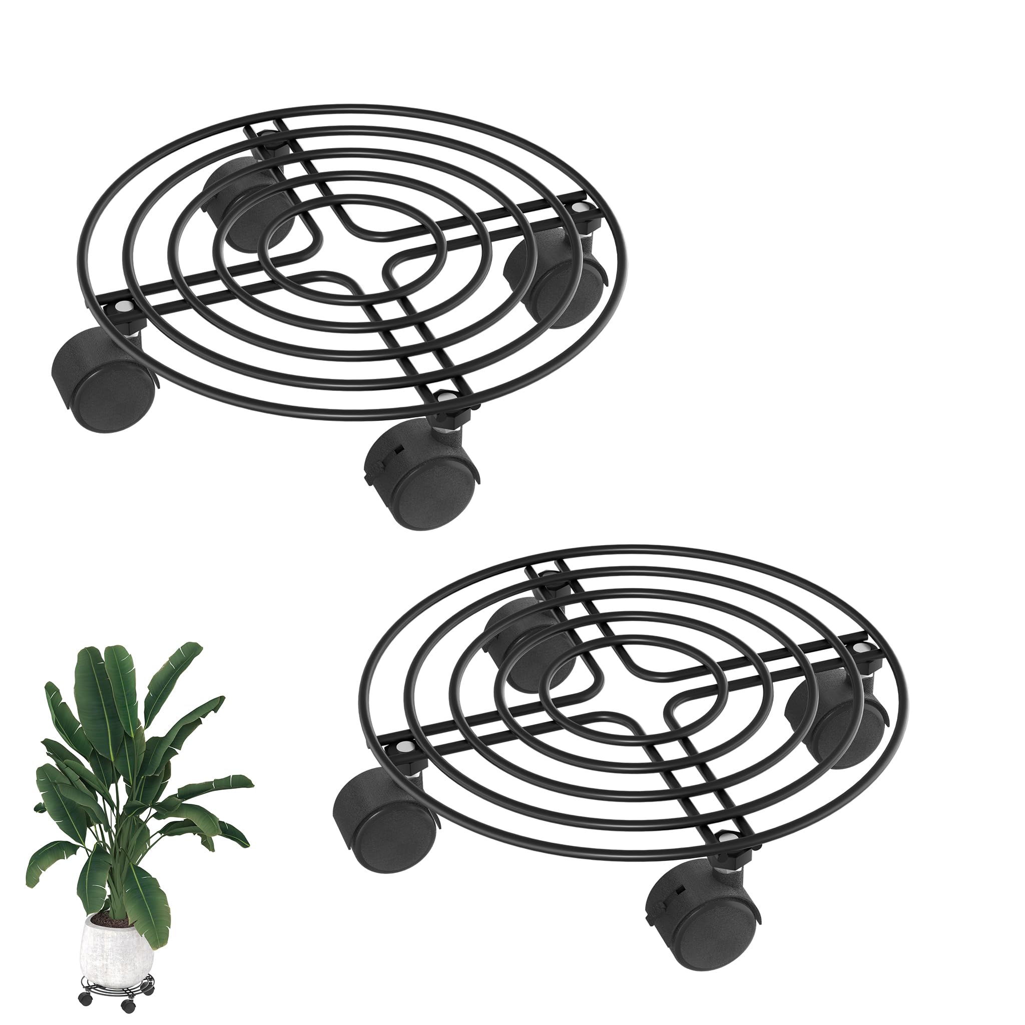 TATIVALO 2er Set Pflanzenroller Metall Blumenroller, 30 cm Rund Blumentopfuntersetzer mit 4 Lenkrollen für Innen- & Außenbereich, Garten, Rund A
