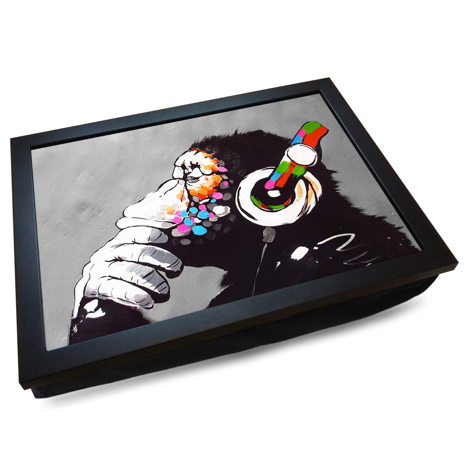 Mooki Black Deluxe Cushioned Lap Tray | Banksy 'Dj Monkey The Thinker' | Wooden Frame | Bean Bag Cushion Base | #Bk