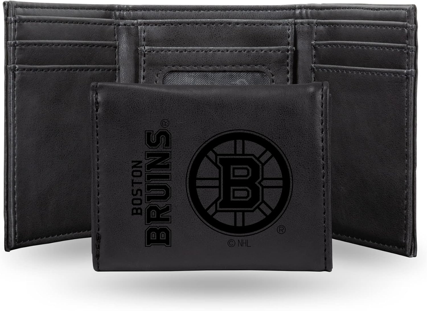 Rico Industries NHL Boston Bruins Trifold Wallet, Black - Laser Engraved Vegan Leather, 6 Card Slots, ID Window