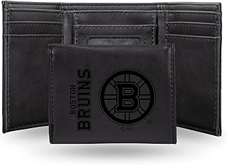 NHL Boston Bruins Premium Laser Engraved Vegan Black Leather Tri-fold Wallet - Slim yet Sturdy Design - Perfect to Show Your Team Pride or Gift, Boston Bruins, Tri Fold, Trifold Wallet