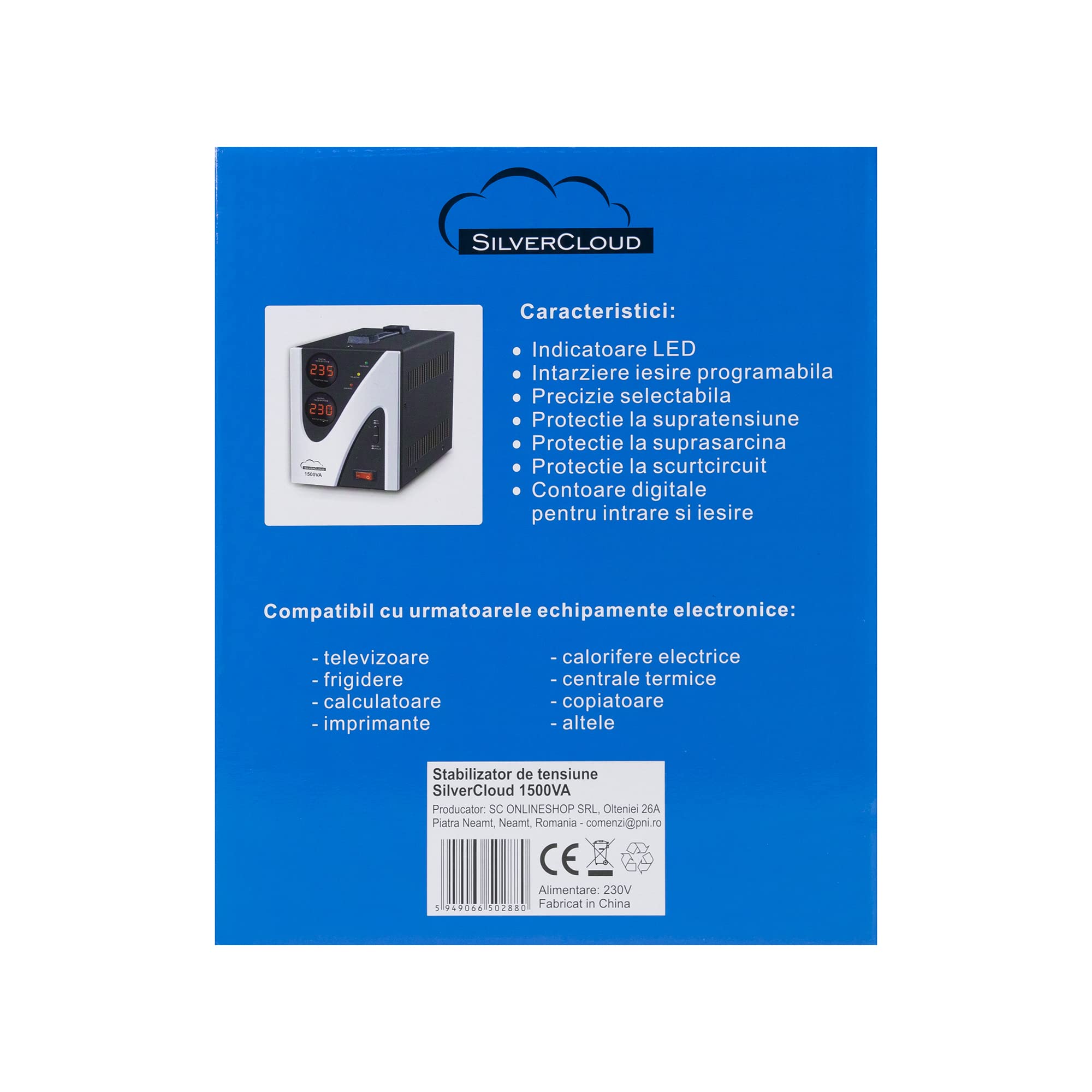 Stabilizzatore di Tensione SilverCloud 1500 VA, 900 W, 6,8 A Monofase, 2 Uscite Schuko, 900 Watt, Dispositivo di Protezione da Sovratensione e Sottotensione