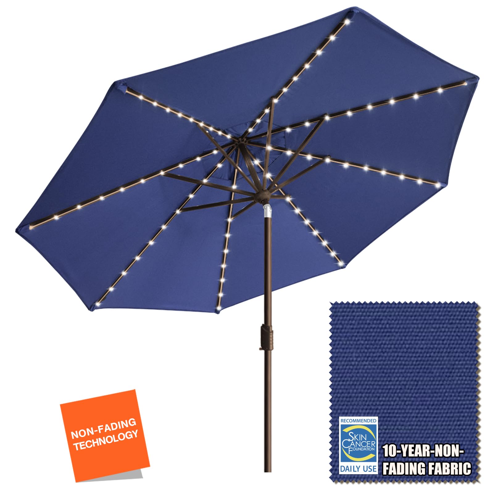 - EliteShade USA 10-Year-Non-Fading Solar 9ft Market Umbrella with 80 LED Lights Patio Umbrellas Outdoor Table Umbrella with Ventilation, Navy Blue