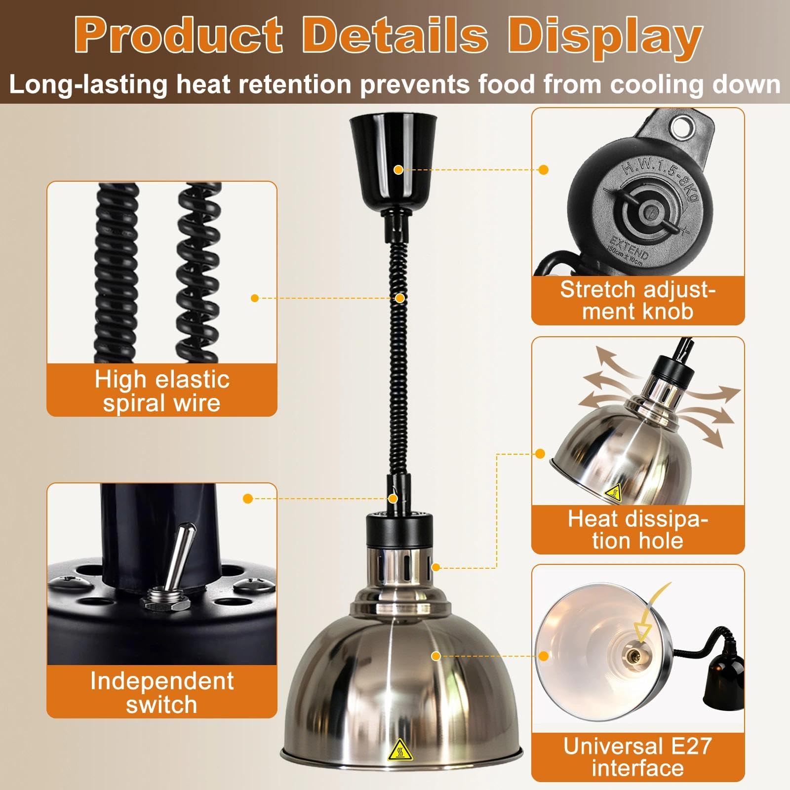 Lampara de Calor Cocina, Altura Regulable 60-180cm (B-25cm, 2 Piezas) | Lampara de Calor para Alimentos, Lampara Calentador Comida para Cocina Buffet Hostelería, 250W 220V