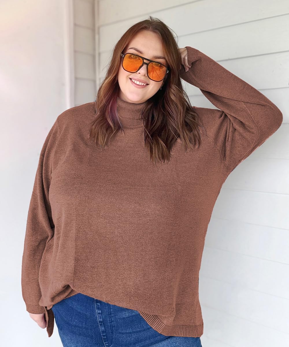 CARCOS Plus Size Sweaters for Women Solid Turtleneck Sweater Long Sleeve Pullover Tops Casual Split Hem Knit Shirts - Image 2