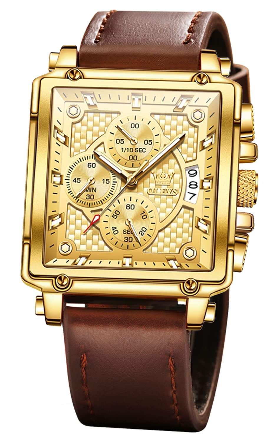 OLEVS Watches for Men Quartz Chronograph Leather Fashion Dress Watch Date Waterproof Luminous Casual Square Business Wrist Watches