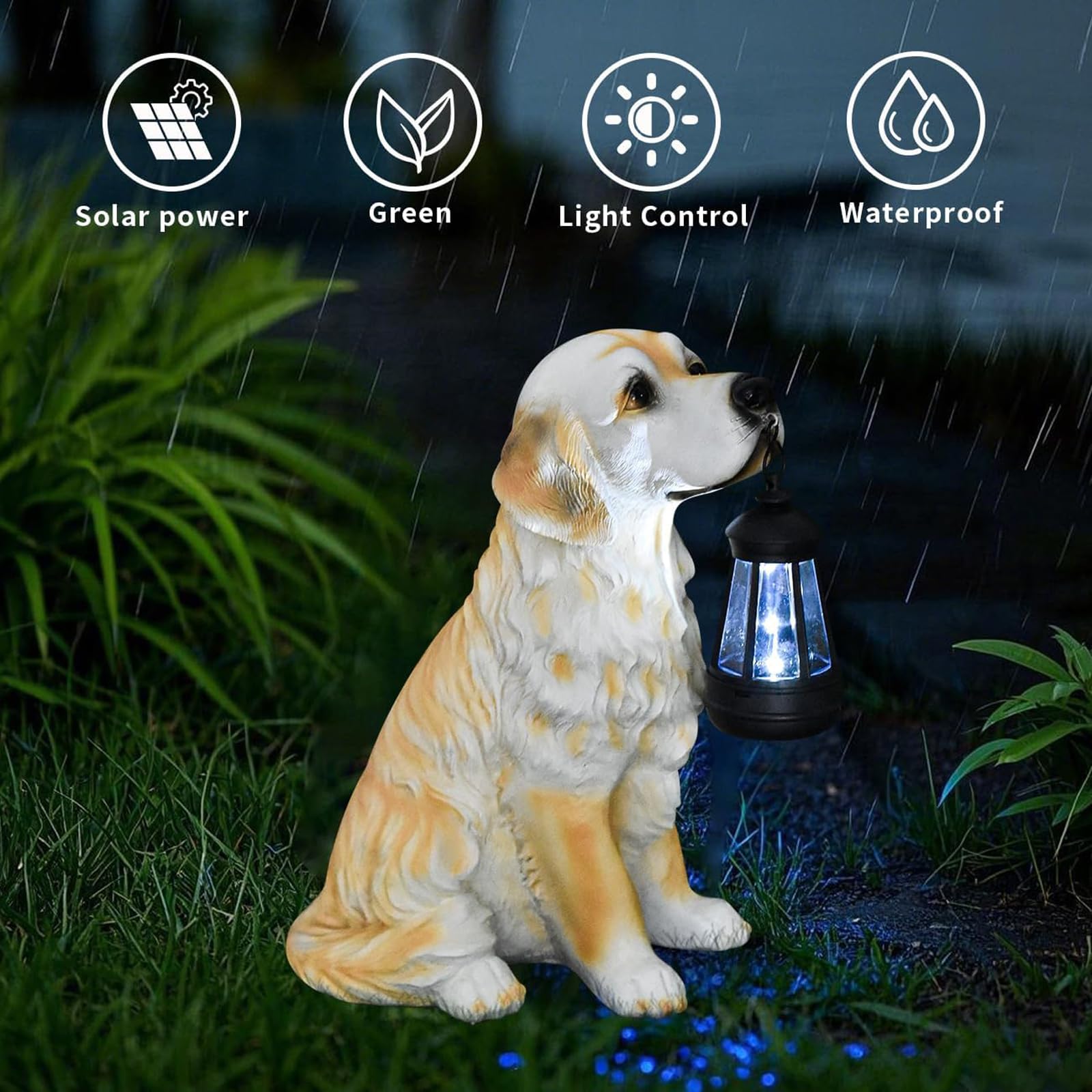 Estatuas de perro para decoración de jardín, estatua dorada de cachorro con luz solar para exteriores, decoración de cachorros de resina para patio