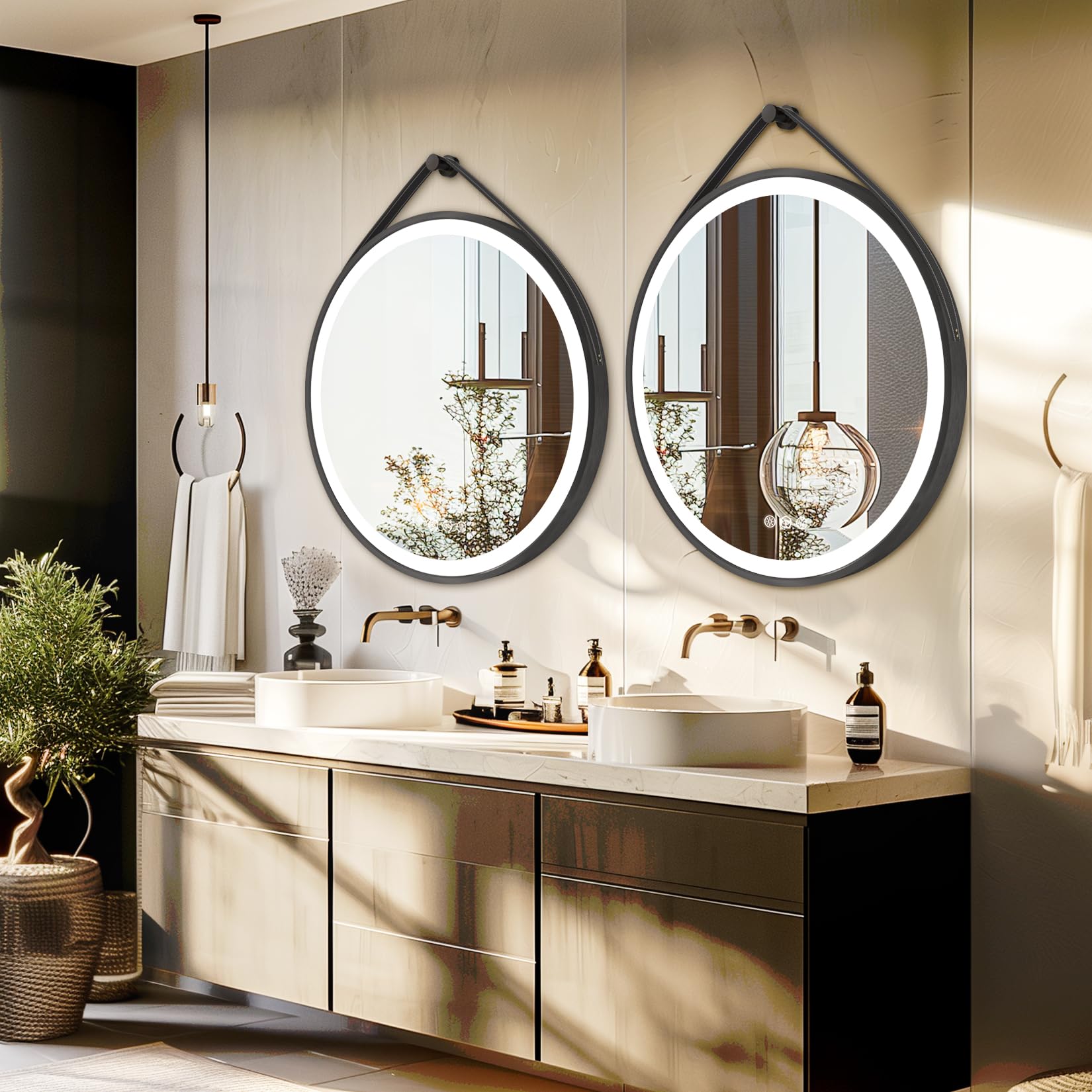 LUVODI Specchio Bagno con Led Luce Rotondo 60 cm: Specchio Smart Tondo Bagno Cornice in Alluminio Nero Cinghia Regolabile in Pelle, Illuminato Frontale, Antiappanamento, Dimmerabile, Funzione Memoria