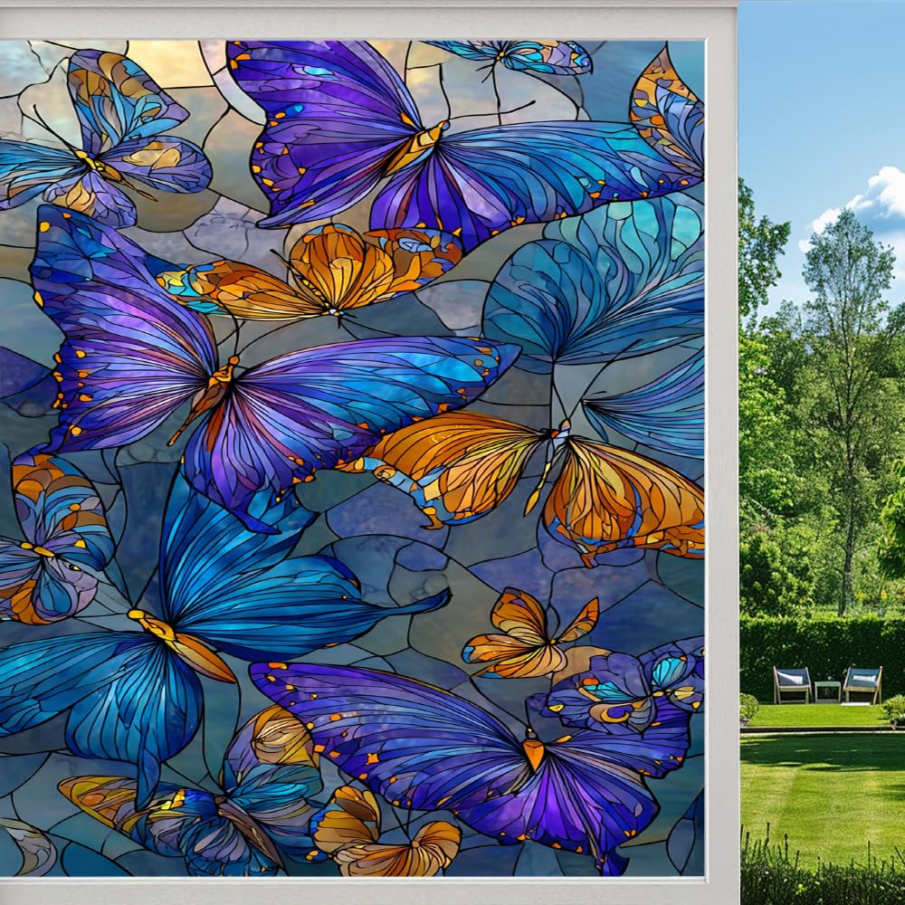 Pmlbaous Retro Butterfly Privacy Window Film, Colorful Butterflies Artistic Frosted Self-Adhesive Vinyl Cling For Glass Doors Bathroom Windows Sun Blocking Heat Control, （45X60cm）