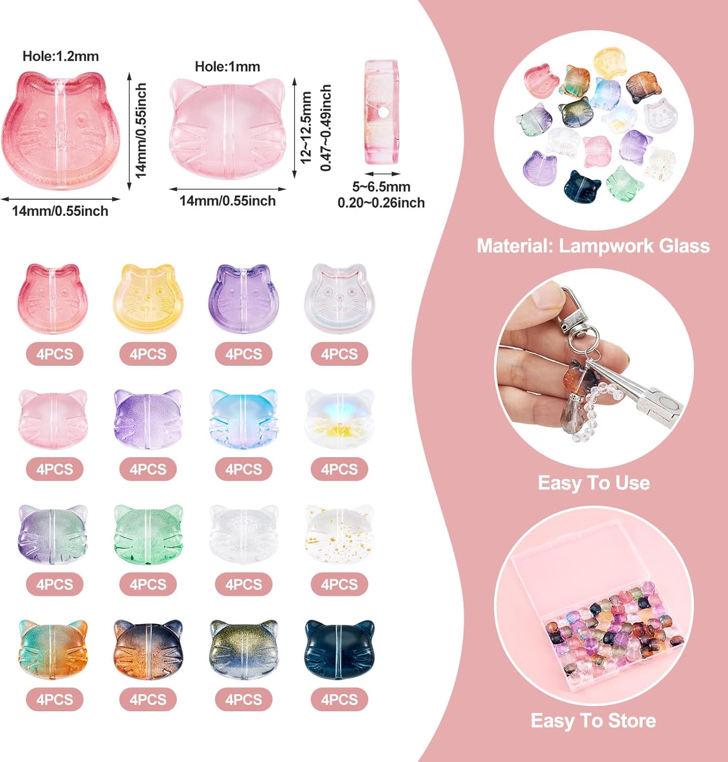 Craftdady 60 pcs Handmade Lampwork Cat Head Beads Mixed Color Kitten Head Glass Beads Mini Pet Animal Cat Loose Spacer Beads for Jewelry Bracelet Necklace Earring Making - Image 3