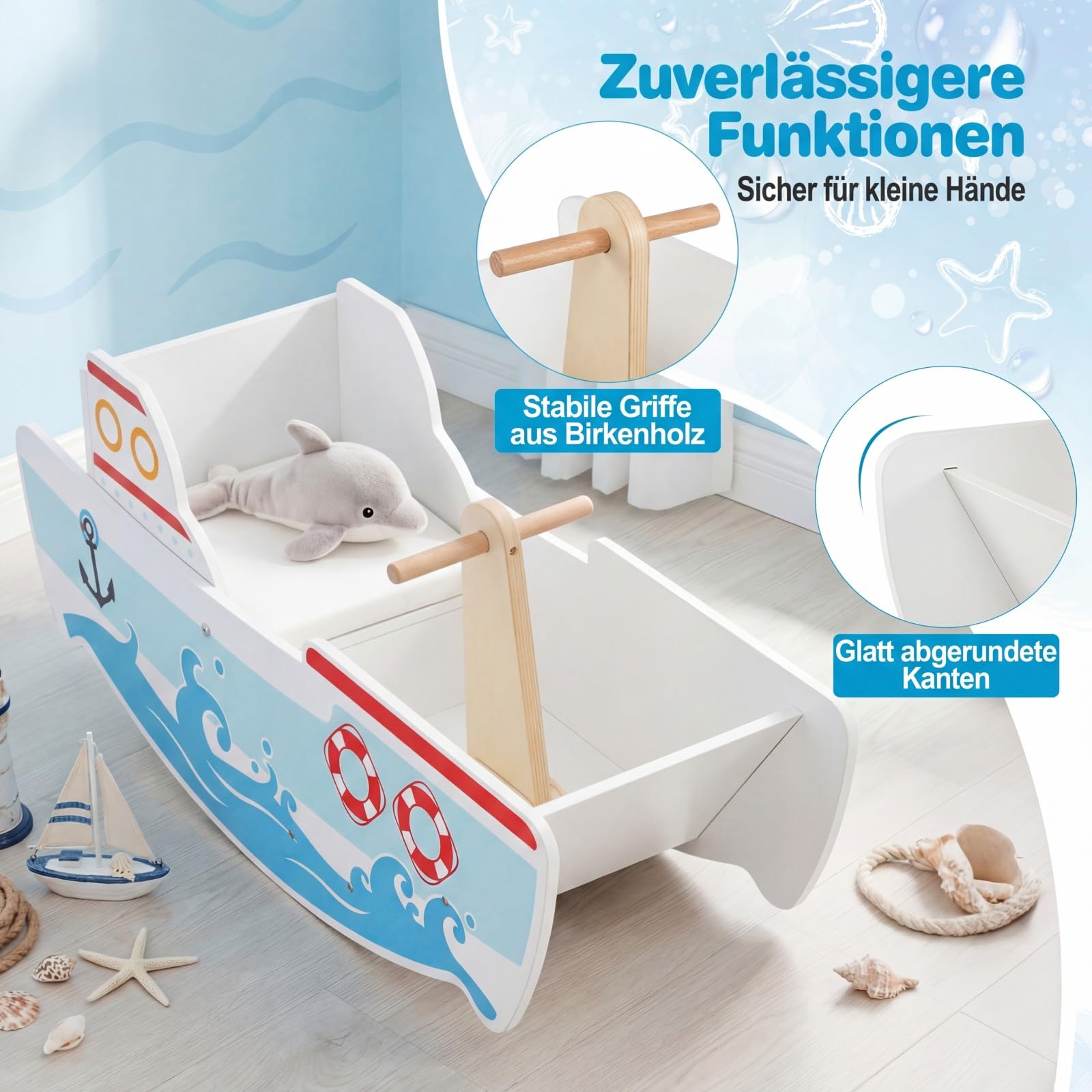 COSTWAY Schaukelboot Kinder ab 1 Jahr, Holz-Schaukelpferd mit nautischem Design, Birkenholz-Griffe, breiter Sitz & Rückenlehne, 40° Schaukelbereich, Schaukelwippe, belastbar bis zu 50 kg