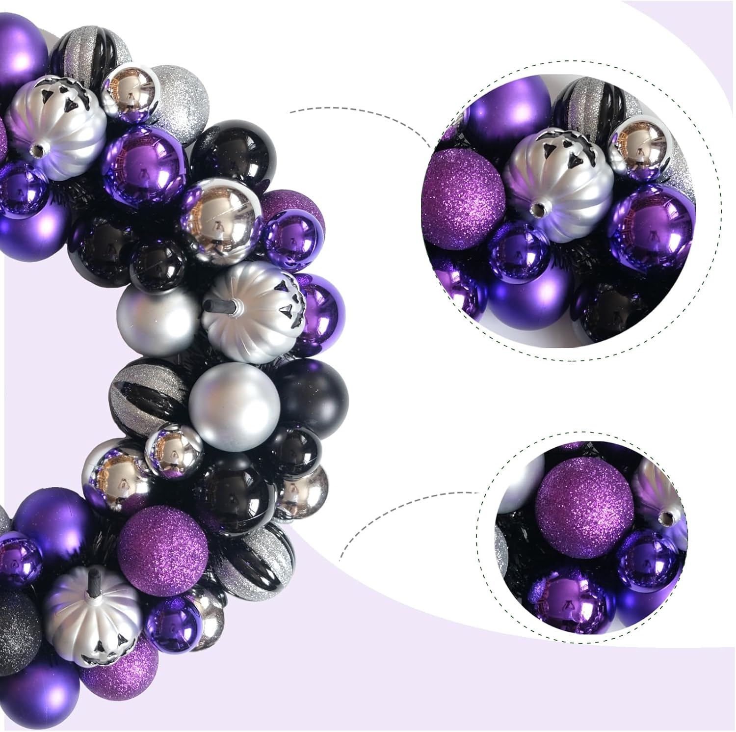 Halloween Ball Wreath for Front Door, Fall 20 Inch Sliver Purple Black Color Large Ball Wreath for Indoor Outdoor, Halloween Door Home Decor