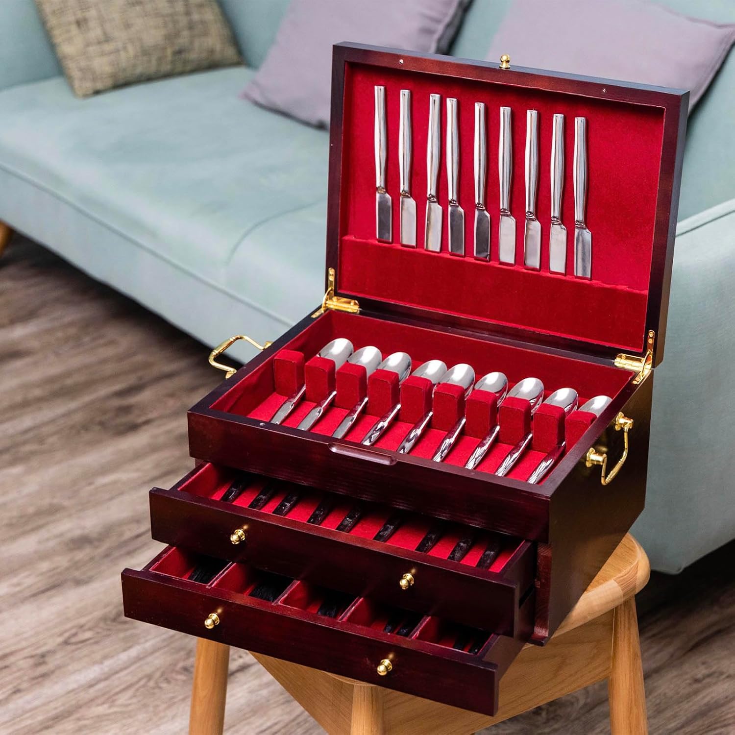 GENRICE Wooden Silverware Chest without Silverware Three-layer, Silverware Box Storage for Silver, Silverware Case with Handle and Felt Lined, Flatware Chest for 12 or 16 or more sets of Utensils - Image 6