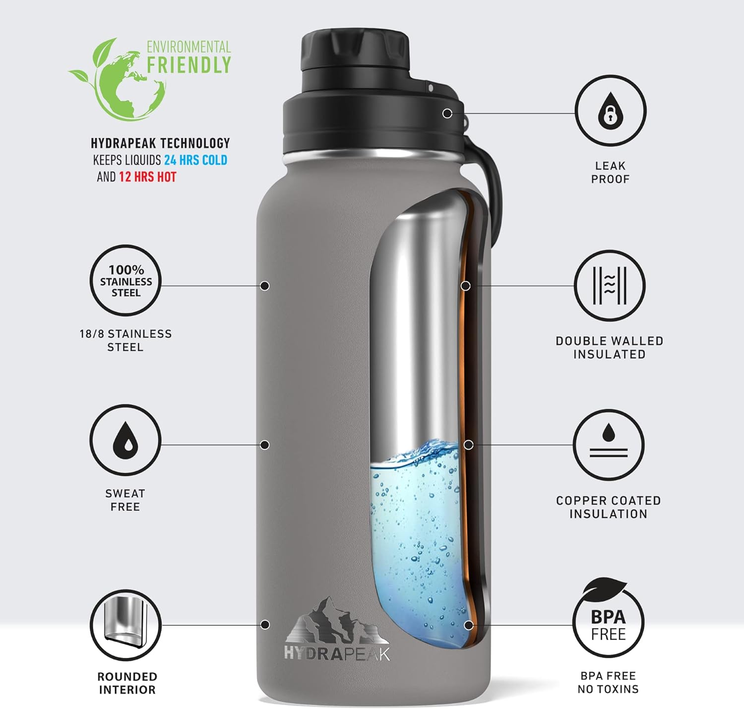 Hydrapeak 32 oz Insulated Water Bottle with Chug Lid - Reusable Leak Proof Stainless Steel Water Bottles, Double Wall Vacuum Insulation | 24 Hours Cold and 12 Hours Hot - Image 4
