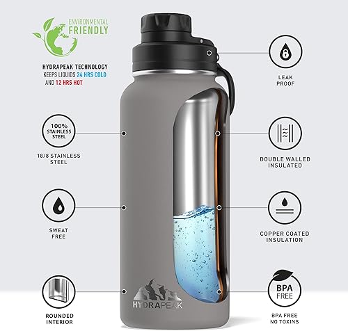 Miniatura 4 de Hydrapeak - Botella de agua de 32 onzas, con tapa Chug, reutilizable, de acero inoxidable, a prueba de fugas, aislamiento térmico al vacío de doble