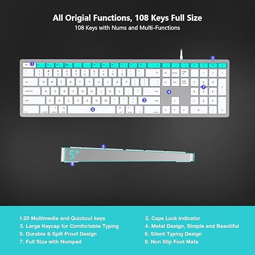 Miniatura 3 de Teclado con cable para Mac, teclado compatible con Apple, tamaño completo, 20 teclas de acceso directo multimedia, USB AUSB C, para Apple Mac